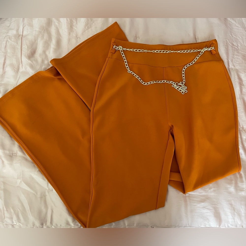 Orange flare belle bottom pants with gold chain belt size L/XL